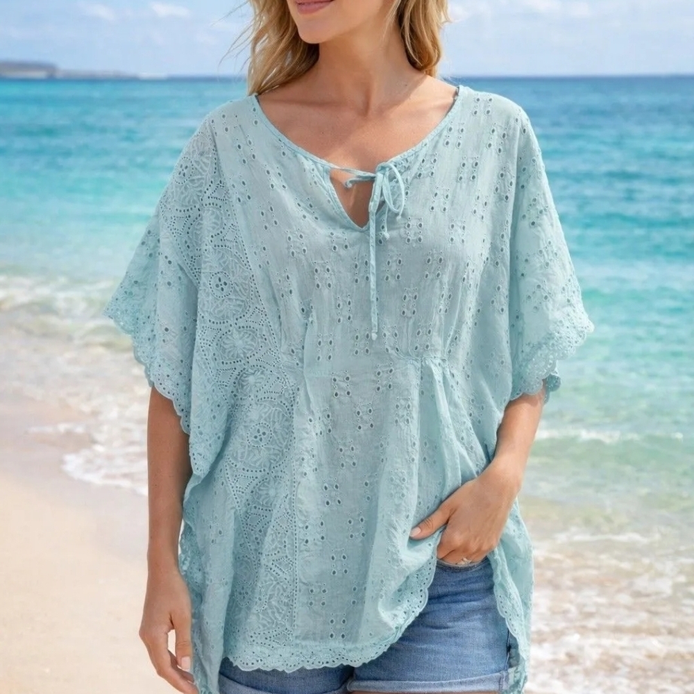 Johnny Was Aqua Eyelet Blouse